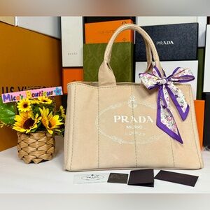 Auth PRADA Preowned Canapa Corda Canvas Tote with Logo w/ Authenticity card